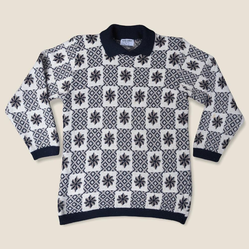 Vintage 80s Alfred Dunner Collared Sweater | Navy White | Size Petite Small